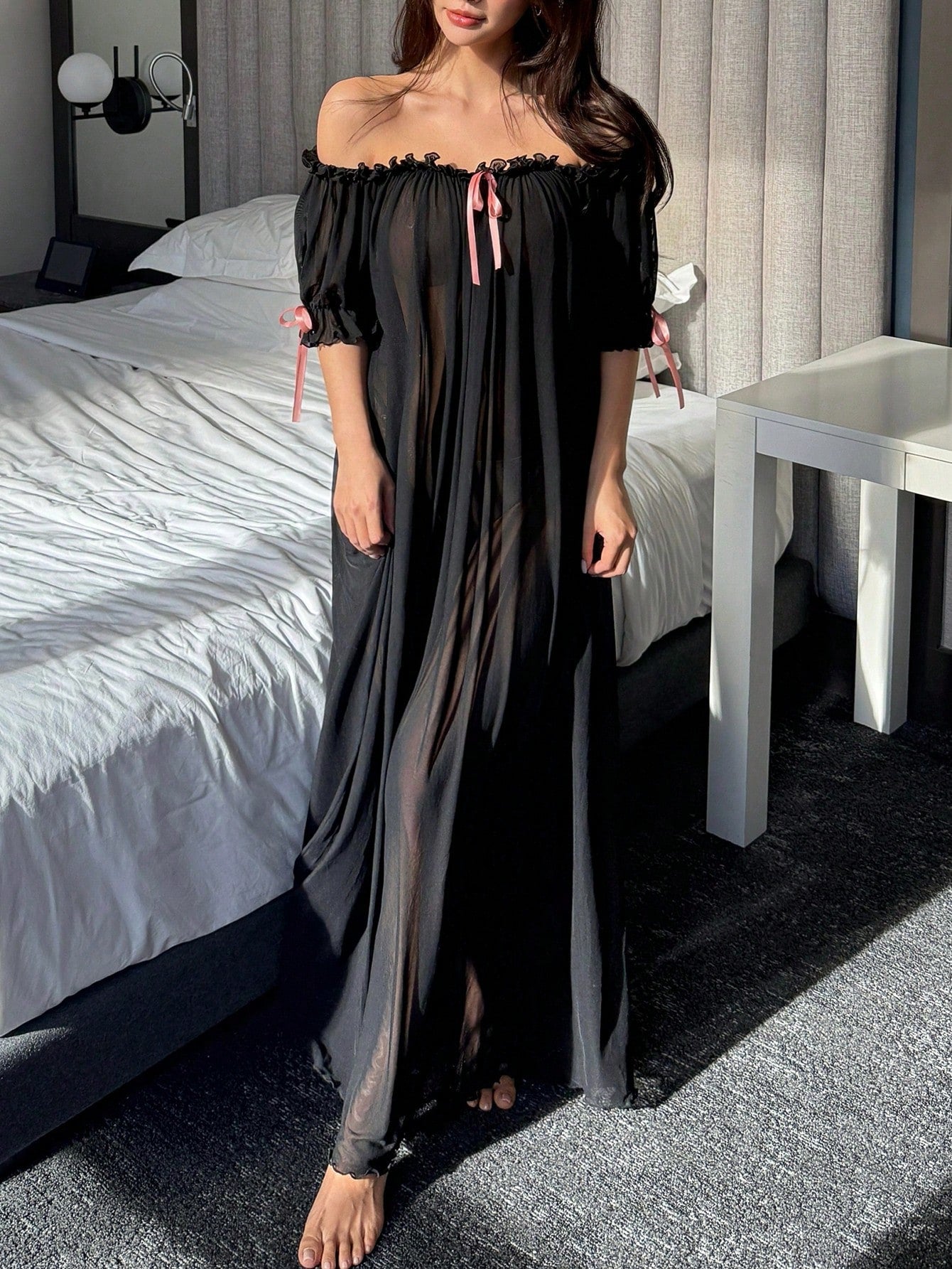 Juliet Sheer Mesh Off-the-Shoulder Lounge Dress