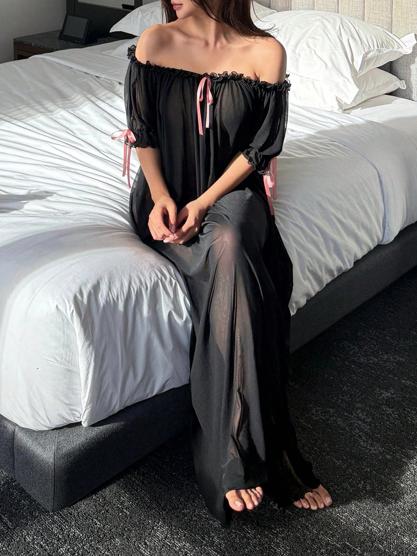 Juliet Sheer Mesh Off-the-Shoulder Lounge Dress