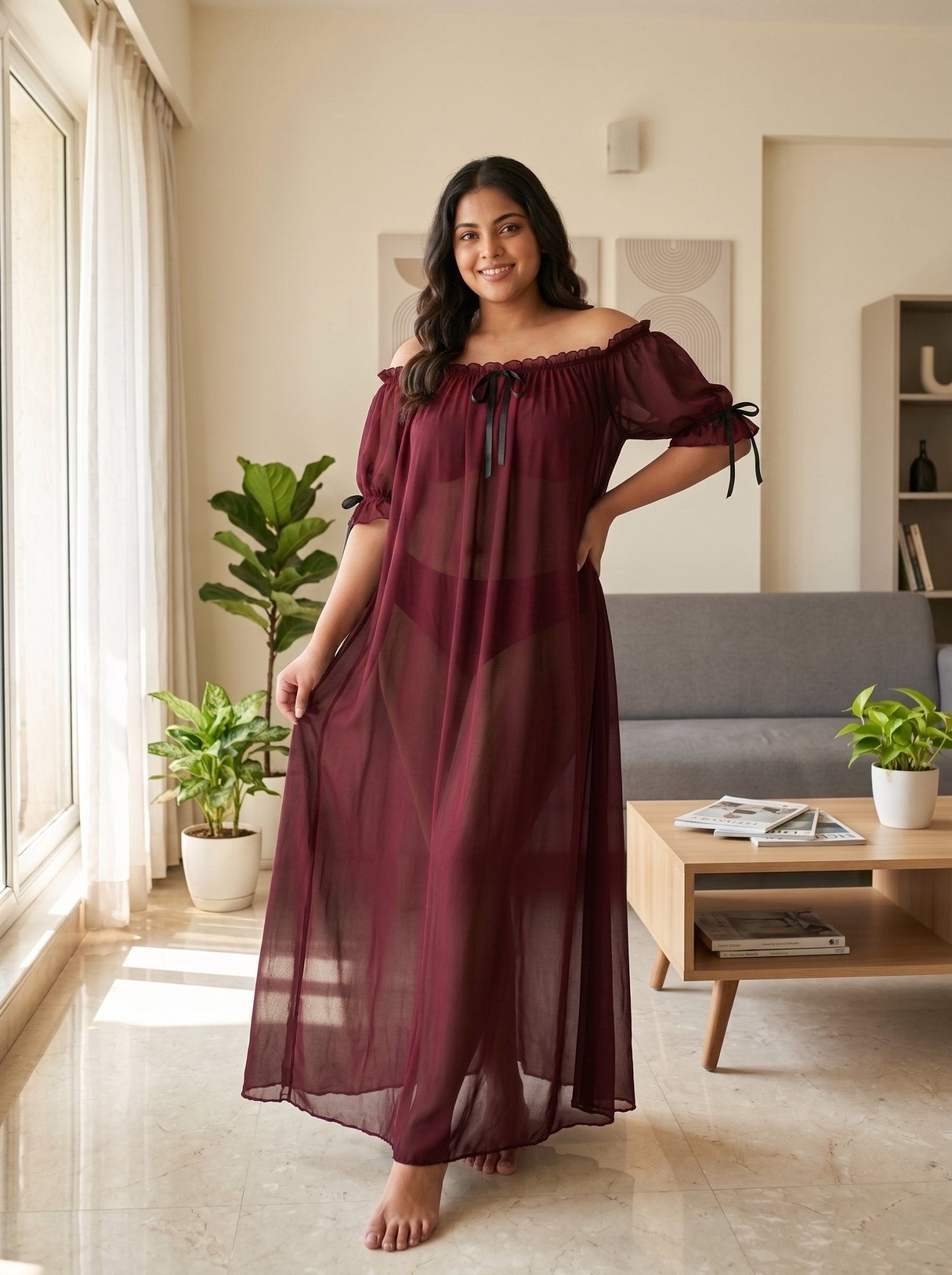 Juliet Sheer Mesh Off-the-Shoulder Lounge Dress