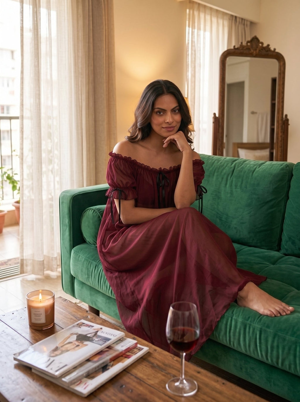 Juliet Sheer Mesh Off-the-Shoulder Lounge Dress
