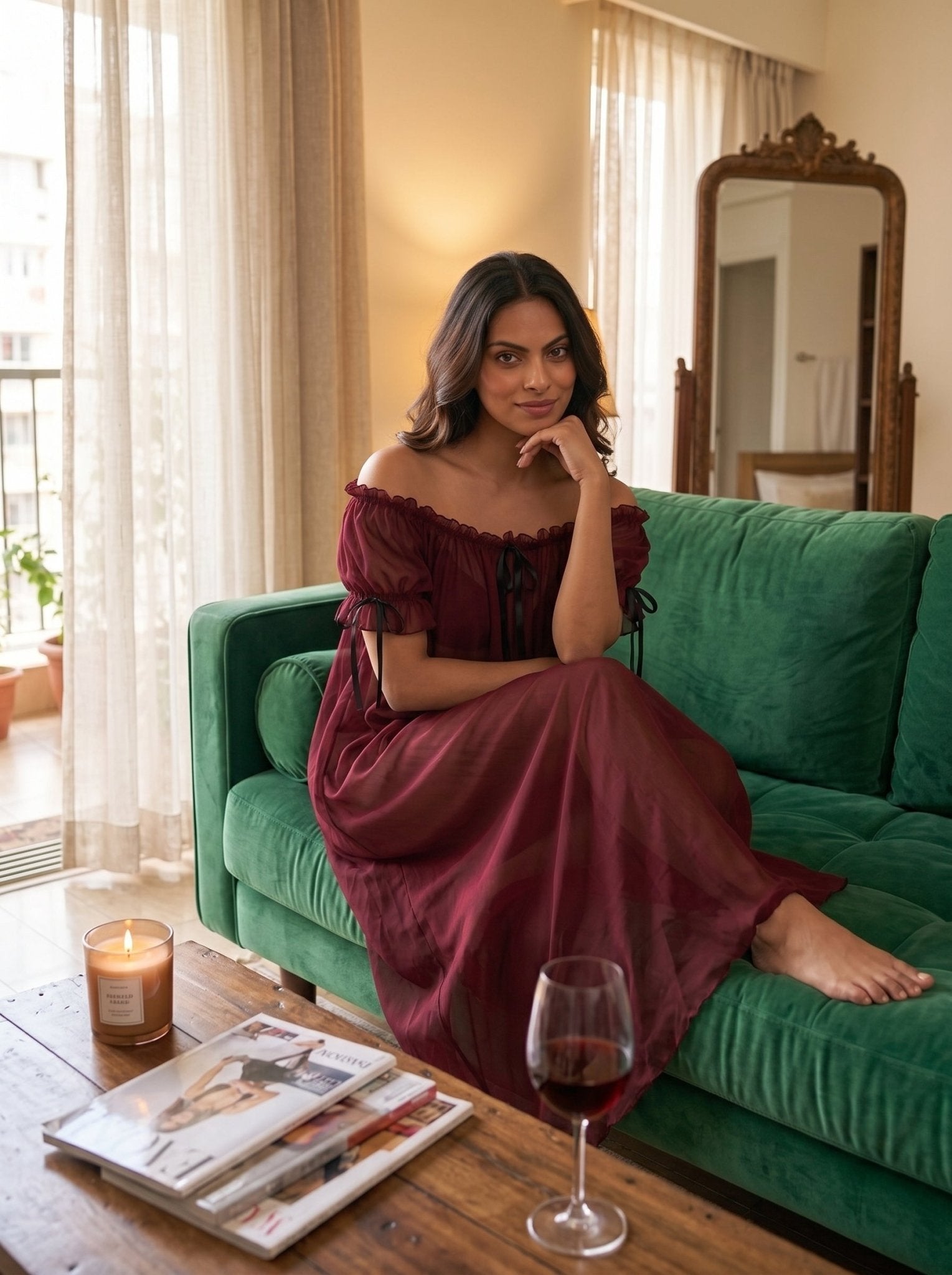 Juliet Sheer Mesh Off-the-Shoulder Lounge Dress