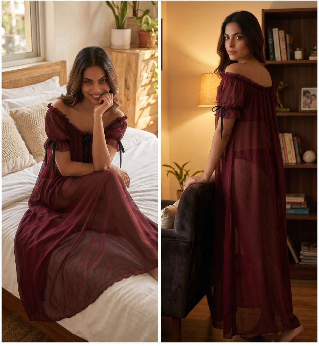 Juliet Sheer Mesh Off-the-Shoulder Lounge Dress