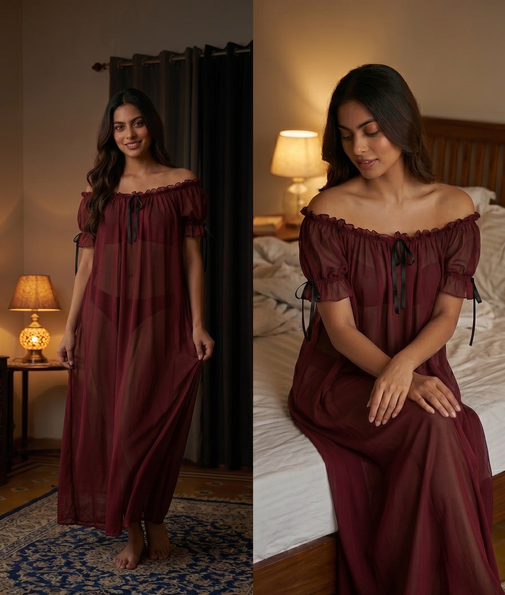 Juliet Sheer Mesh Off-the-Shoulder Lounge Dress