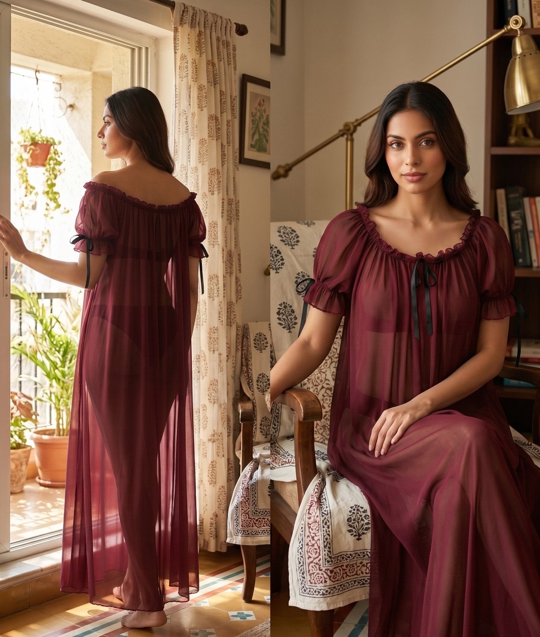 Juliet Sheer Mesh Off-the-Shoulder Lounge Dress