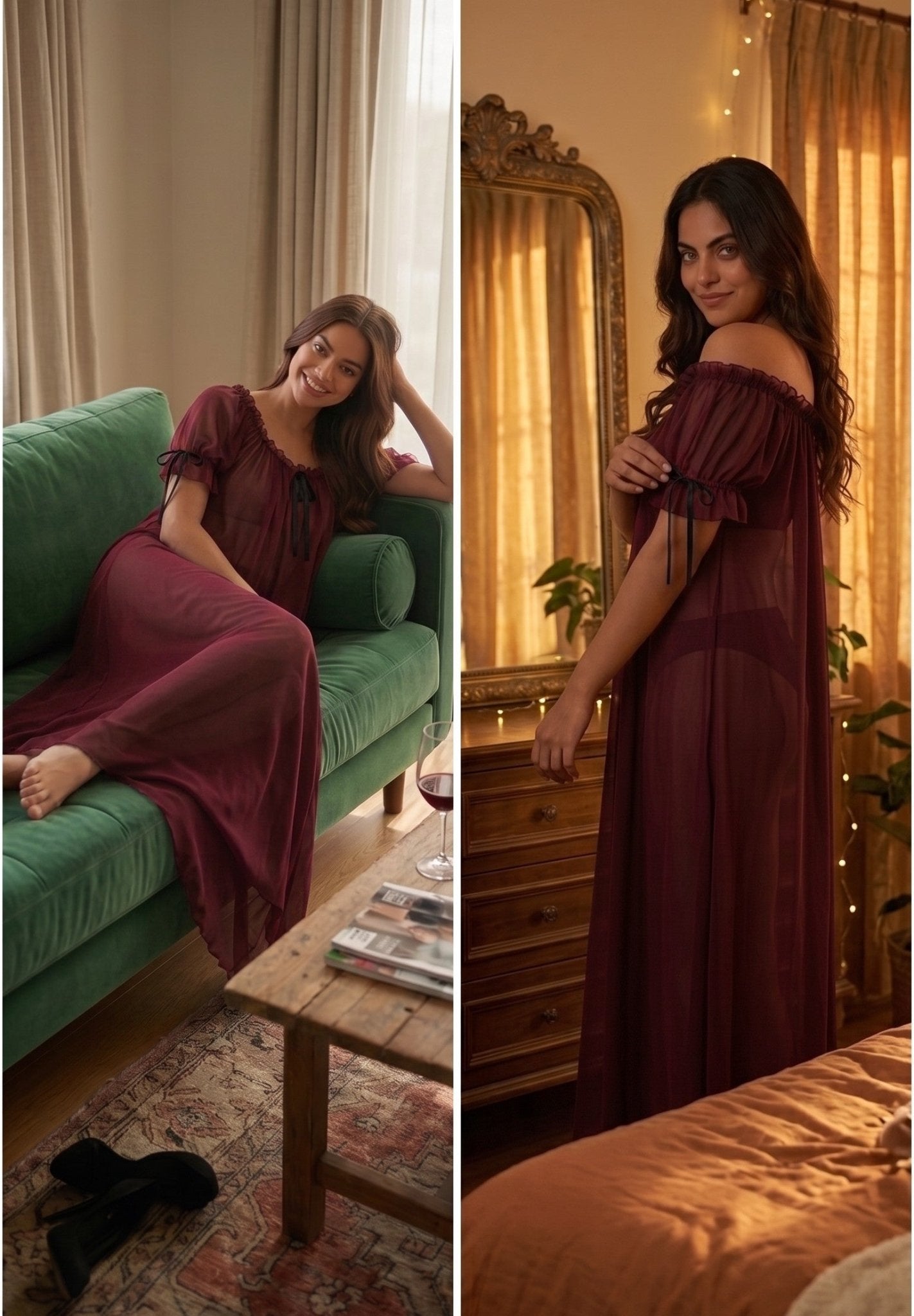 Juliet Sheer Mesh Off-the-Shoulder Lounge Dress