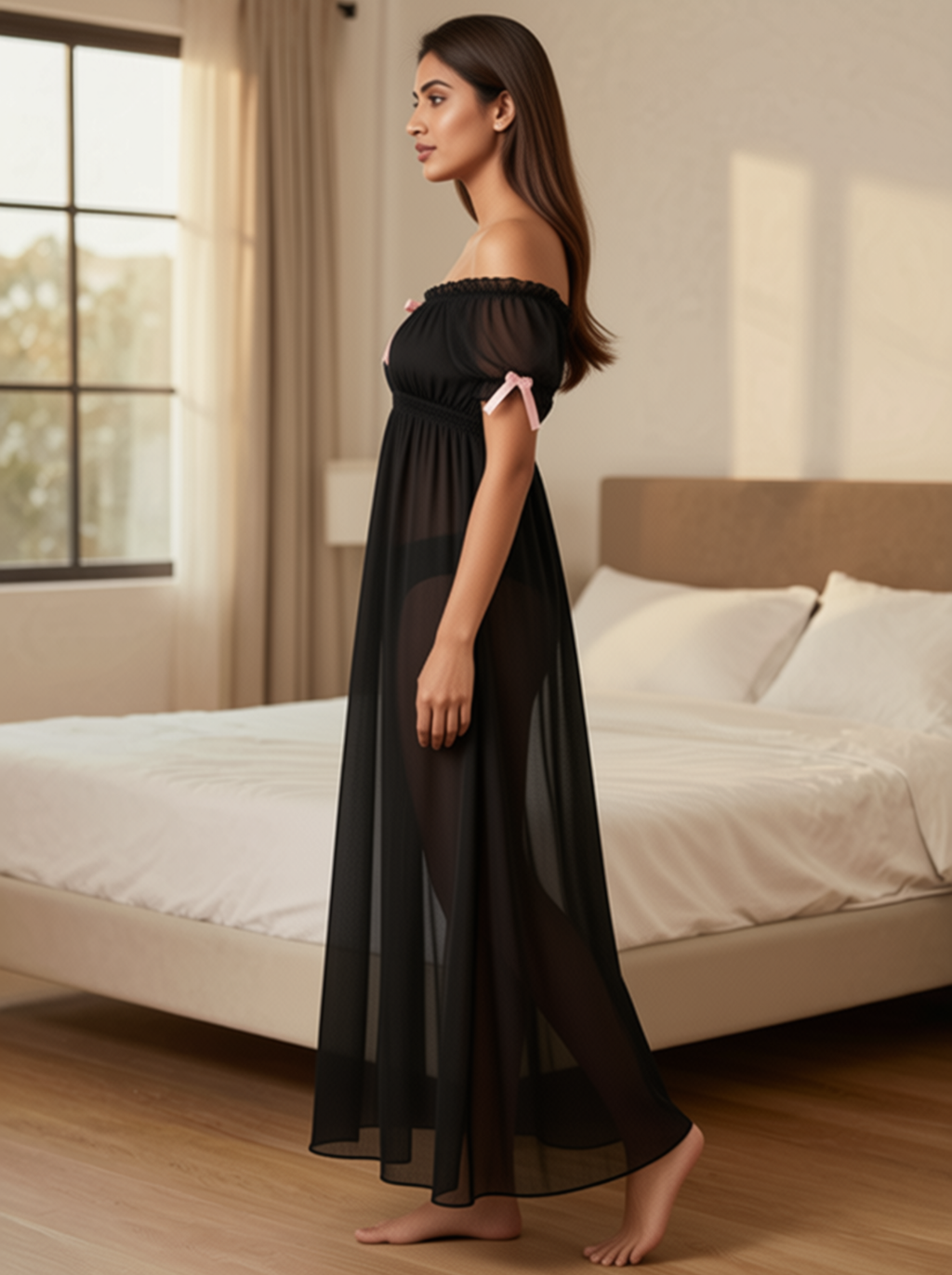 Juliet Sheer Mesh Off-the-Shoulder Lounge Dress
