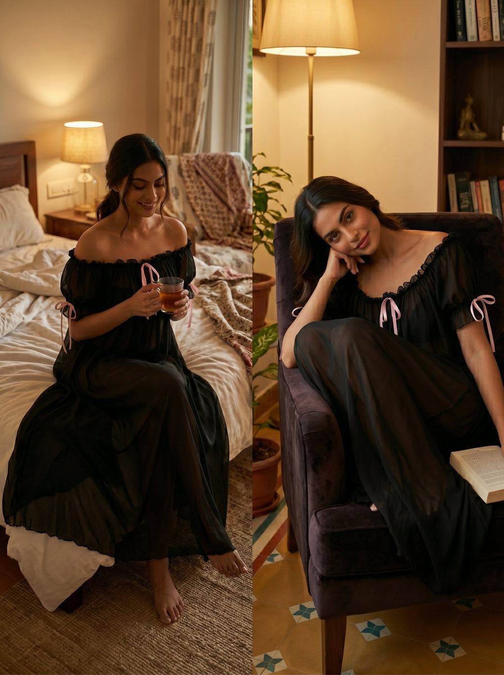 Juliet Sheer Mesh Off-the-Shoulder Lounge Dress