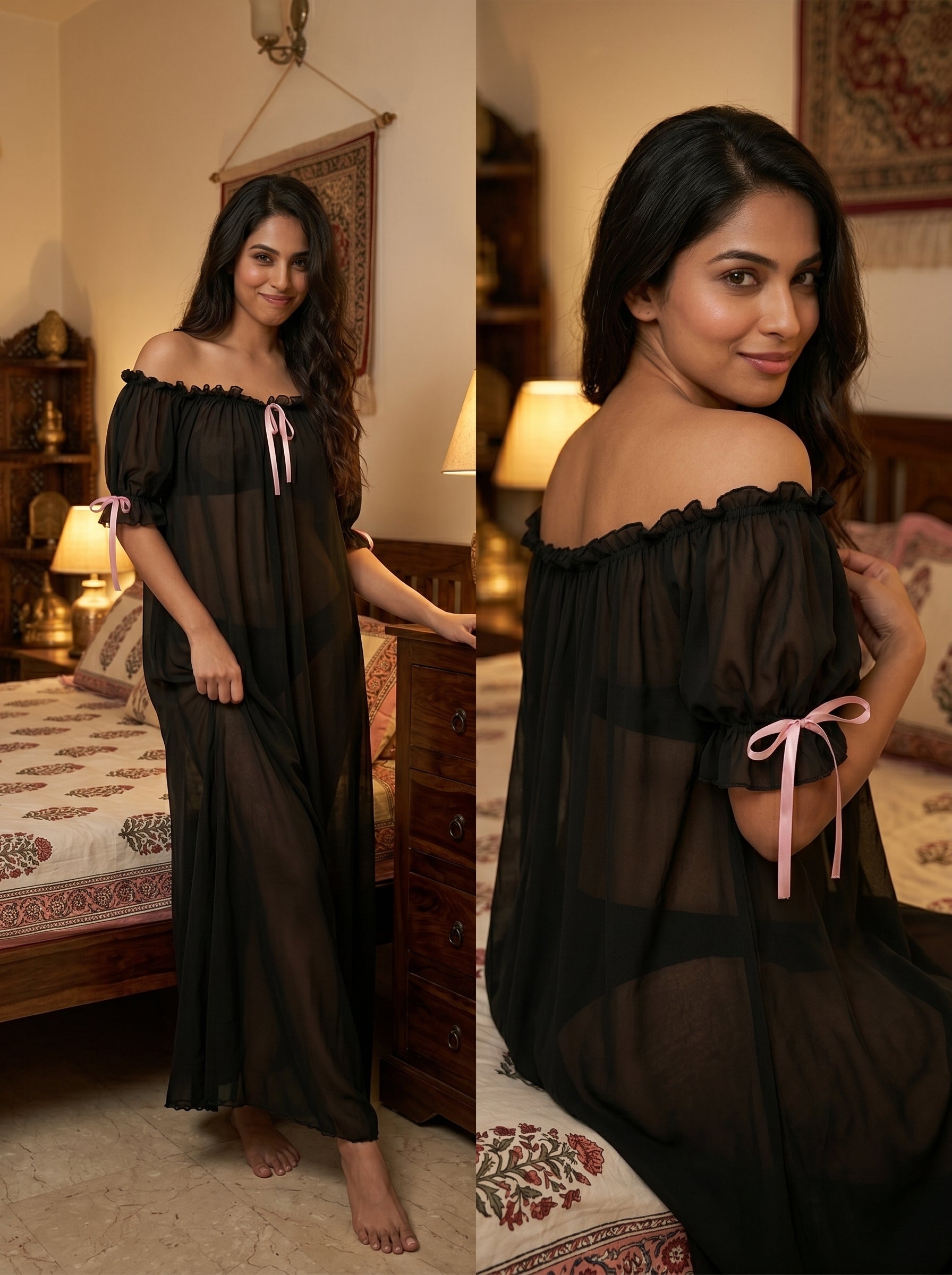 Juliet Sheer Mesh Off-the-Shoulder Lounge Dress