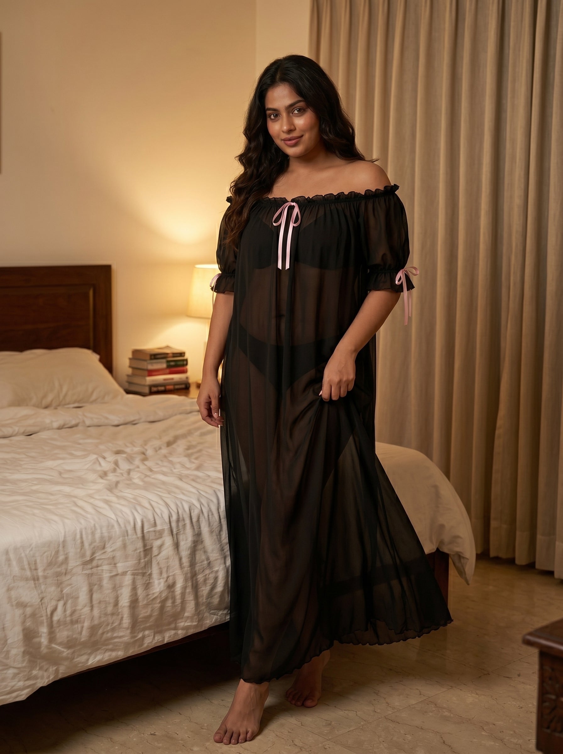 Juliet Sheer Mesh Off-the-Shoulder Lounge Dress