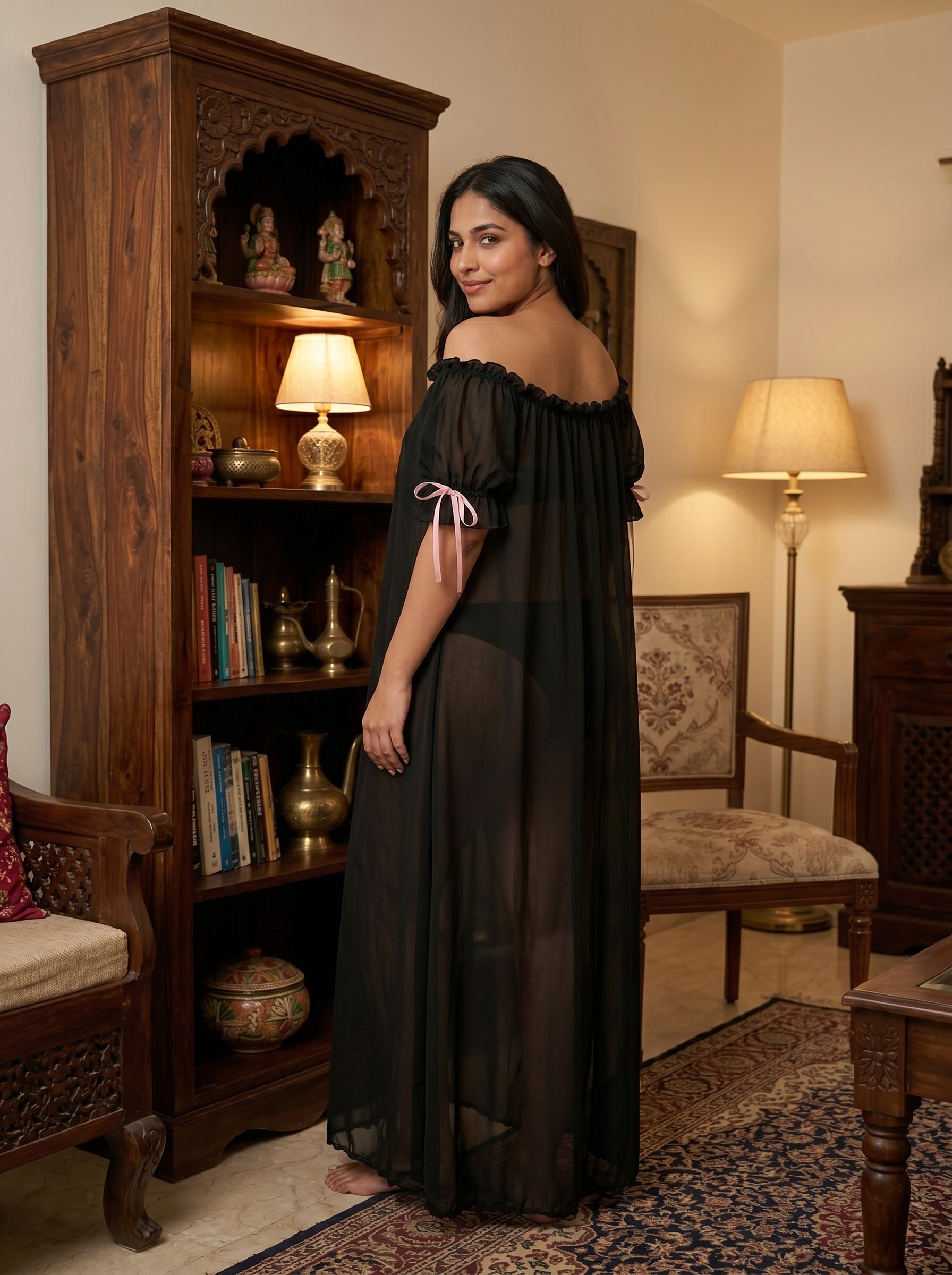 Juliet Sheer Mesh Off-the-Shoulder Lounge Dress