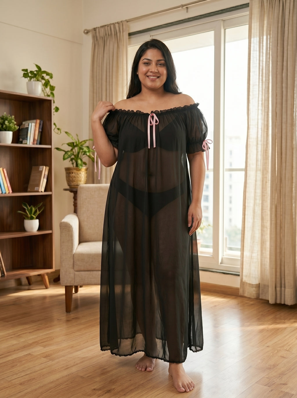 Juliet Sheer Mesh Off-the-Shoulder Lounge Dress